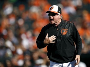 Baltimore Orioles manager Buck Showalter protests a call in the third inning of a baseball game against the Houston Astros, Sunday, Sept. 30, 2018, in Baltimore.