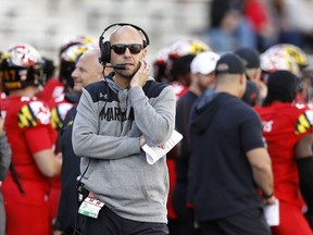 Maryland interim head coach Matt Canada walks on the sideline in the second half of an NCAA college football game against Rutgers, Saturday, Oct. 13, 2018, in College Park, Md.