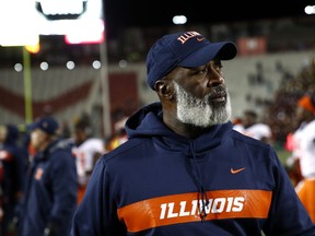 Illinois head coach Lovie Smith walks off the field after an NCAA college football game against Maryland, Saturday, Oct. 27, 2018, in College Park, Md.