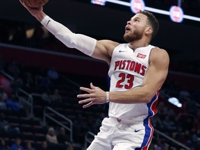 Detroit Pistons forward Blake Griffin makes a layup during the first half of an NBA basketball game against the Cleveland Cavaliers, Thursday, Oct. 25, 2018, in Detroit.