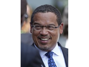 In this Sept. 14, 2018 photo, U.S. Rep. Keith Ellison is shown in Minneapolis. A Minnesota prosecutor says he'll review allegations of domestic abuse against Ellison only if a formal complaint is first investigated by law enforcement. An ex-girlfriend of Ellison, Karen Monahan, alleges the Democratic congressman dragged her off a bed by her feet in 2016.