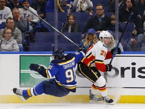 St. Louis Blues' Vladimir Tarasenko, left, of Russia, falls to the ice after colliding with Calgary Flames' Dillon Dube during the first period of an NHL hockey game Thursday, Oct. 11, 2018, in St. Louis.