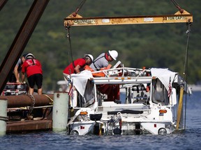 FILE - In this July 23, 2018 file photo, the duck boat that sank in Table Rock Lake in Branson, Mo. Ripley Entertainment, the company that owns the Ride the Ducks operation in Branson asked a judge Monday, Oct. 1, 2018, to dismiss some of the lawsuits filed after one of its boats sank in a Missouri lake in July, killing 17 people. Survivors and relatives of those who died on the boat have filed several lawsuits against Ripley Entertainment and five other businesses.