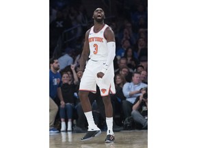 New York Knicks guard Tim Hardaway Jr. reacts during the first half of an NBA basketball game against the Atlanta Hawks, Wednesday, Oct. 17, 2018, at Madison Square Garden in New York.