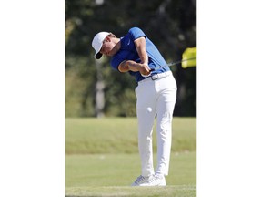 Cameron Champ's ball flies toward the fourth fairway following his tee shot during the final day of the Sanderson Farms Championship golf tournament in Jackson, Miss., Sunday, Oct. 28, 2018.
