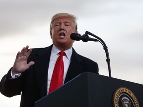 President Donald Trump speaks at a campaign rally at Minuteman Aviation Hangar, Thursday, Oct. 18, 2018, in Missoula, Mont.