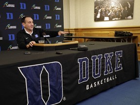 Duke coach Mike Krzyzewski speaks to members of the media during an NCAA college basketball media day press conference in Durham, N.C., Monday, Oct. 15, 2018.