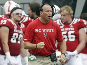 North Carolina State head coach Dave Doeren reacts during the second half an NCAA college football game against Boston College in Raleigh, N.C., Saturday, Oct. 6, 2018. North Carolina State won 28-23.