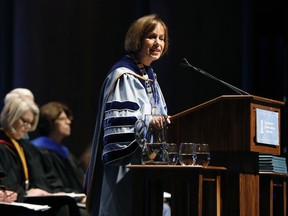 UNC Chapel Hill Chancellor Carol Folt speaks during University Day at Memorial Hall, Friday, Oct. 12, 2018 in Chapel Hill, N.C. Folt apologized Friday for the school's history of slavery, adding that words alone are not enough to atone for using enslaved people to build and maintain the campus.