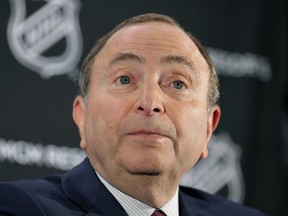 National Hockey League commissioner Gary Bettman speaks during a news conference in New York, Monday, Oct. 29, 2018.
