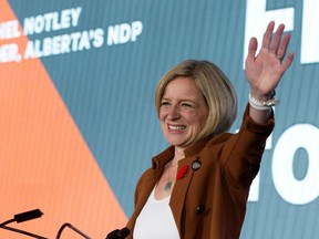 Alberta Premier Rachel Notley delivers her speech at the NDP convention, in Edmonton Sunday Oct. 28, 2018.