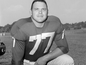 FILE - This Sept. 17, 1960 file photo shows New York Giants Dick Modzelewski.  Modzelewski, a star defensive tackle for the New York Giants in the 1950s and '60s, has died at 87. The team said in a statement Saturday, Oct. 20, 2018  he died Friday at his home in Eastlake, Ohio, outside Cleveland. No cause was given.  (AP Photo, File)