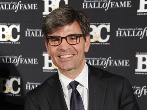 FILE - This Oct. 20, 2014 file photo shows George Stephanopoulos at the 24th Annual Broadcasting and Cable Hall of Fame Awards in New York. ABC News says it is getting a one-hour jump on its rivals covering midterm election night results. The network will start at 8 p.m. Eastern time with Stephanopoulos as anchor on Nov. 6, 2018.   Both CBS and NBC News previously said their continuous coverage would begin at 9 p.m.