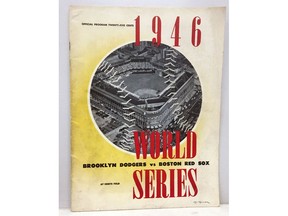 This photo provided by Jordan Sprechman shows a program printed in advance, in anticipation of a 1946 World Series matchup between the Boston Red Sox and the Brooklyn Dodgers at Ebbets Field. But there was no World Series that October between the Red Sox and Dodgers _ instead, Brooklyn lost a best-of-three playoff to St. Louis for the National League pennant. Instead of being sold at Ebbets Field, these programs became a long-lost souvenir of a phantom World Series that never was.