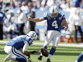 FILE- In this Sunday, Sept. 30, 2018, file photo, Indianapolis Colts kicker Adam Vinatieri (4) kicks an extra point out of the hold of Rigoberto Sanchez (2) during the first half of an NFL football game against the Houston Texans in Indianapolis. Vinatieri spent this week preparing for Sunday's game like every other one. The same, simple routine helped him collect four Super Bowl rings, celebrate 226 victories and earn the title of best clutch kicker in NFL history. So the 23-year veteran isn't changing a thing as he nears Morten Andersen's career scoring record.