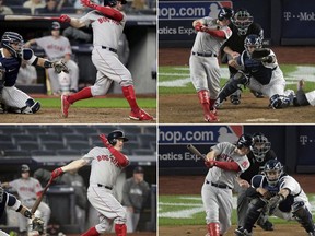 FILE - Clockwise from top left: Boston Red Sox's Brock Holt connects for a base hit in the fourth inning, hits a ground-rule double in the eighth inning, hits a two-run triple in the fourth inning, and follows through on a two-run home run in the ninth inning, becoming the first player to hit for the cycle in a postseason game against the New York Yankees in Game 3 of baseball's American League Division Series in New York, Monday, Oct. 8, 2018. The Red Sox beat the Yankees 16-1. (AP Photo/File)