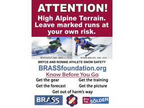 This poster and images is provided by the Bryce and Ronnie Athlete Snow Safety Foundation (BRASS). Avalanche warning signs outlined in english will be coming to the resort in Soelden, Austria. It's in honor of Bryce Astle and Ronnie Berlack, two U.S. ski team development members who were killed in an avalanche near the area on Jan. 5, 2015. This is all part of the Bryce and Ronnie Athlete Snow Safety Foundation's mission to advocate for changes in snow safety warning systems along with education to prevent avalanche accidents. (BRASS via AP)