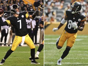 FILE - At left, in a Sept. 30, 2018, file photo, Pittsburgh Steelers quarterback Ben Roethlisberger (7) throws a pass during the second half of an NFL football game against the Baltimore Ravens in Pittsburgh. At right, in a Sept. 16, 2018, file photo, Pittsburgh Steelers wide receiver Antonio Brown (84) is shown during an NFL football game against the Kansas City Chiefs, in Pittsburgh. Expected to be playoff contenders, Atlanta (1-3) and Pittsburgh (1-2-1) are reeling a month into the season thanks to injuries and poor defensive play, leaving the door open for a shootout between Steelers quarterback Ben Roethlisberger and counterpart Matt Ryan.  (AP Photo/File)