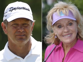 FILE - At left is a 2018 file photo showing Retief Goosen. At right is a 2003 file photo showing Jan Stephenson.  Two-time U.S. Open champion Retief Goosen and three-time major champion Jan Stephenson are among five people selected for induction into the World Golf Hall of Fame. (AP Photo/File)
