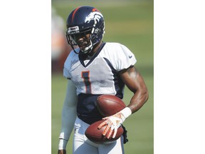 FILE - In this Aug. 9, 2018, file photo, Denver Broncos punter Marquette King takes part in drills at NFL football training camp, in Englewood, Colo. Injured punter Marquette King missed another practice Friday, Oct. 5, 2018, and the Broncos were considering promoting new practice squader Colby Wadman to take his place this weekend against the New York Jets.
