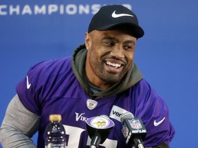 FILE - In this Jan. 17, 2018, file photo, Minnesota Vikings defensive end Everson Griffen addresses the media during an NFL football news conference, in Eden Prairie, Minn. Everson Griffen is back with the team after a five-week hiatus to receive treatment for mental illness.