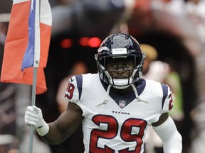 FILE - In this Sept. 10, 2017, file photo, Houston Texans free safety Andre Hal (29) is introduced prior to an NFL football game, in Houston. Hal, who is in remission after being diagnosed with Hodgkin lymphoma, resumed practicing with the Houston Texans on Wednesday, Oct. 17, 2018, giving the team 21 days to take him off the non-football illness list and add him to the active roster.