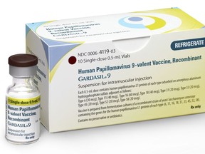 This undated image provided by Merck on Friday, Oct. 5, 2018 shows a vial and packaging for the Gardasil 9 vaccine. On Friday, Oct. 5, 2018, the U.S. Food and Drug Administration expanded the use of the company's cervical cancer vaccine to adults up to age 45. (Merck via AP)