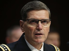 FILE - In this March 13, 2018, file photo, U.S. Central Command commander Gen. Joseph Votel testifies at the Senate Committee on Armed Services on Capitol Hill in Washington. Votel, the top U.S. commander for the Middle East says Turkish and American troops could begin joint patrols in a matter of days around the northern Syrian city of Manbij.