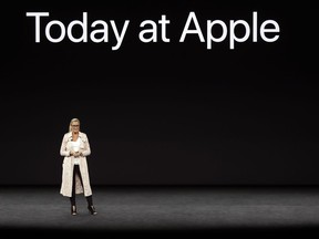 FILE- In this Sept. 12, 2017, file photo Angela Ahrendts, Apple's Senior Vice President of Retail, discusses updates at Apple Stores before a new product announcement at the Steve Jobs Theater on the new Apple campus in Cupertino, Calif. California has become the first state to require publicly traded companies to include women on their boards of directors. The measure requires at least one female director on the board of each California-based public corporation by the end of next year.