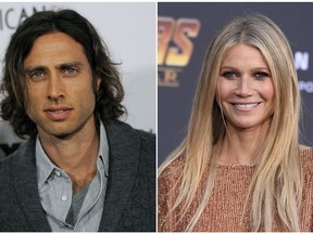 FILE - This combination of file photos shows Brad Falchuck, left, at the premiere of "American Horror Story: Asylum," on Oct. 13, 2012, in Los Angeles, and Gwyneth Paltrow at the premiere of "Avengers: Infinity War" on April 23, 2018, in Los Angeles. It appears Paltrow married "Glee" co-creator Falchuk over the weekend. The actress posted a photo on Instagram of two hands wearing matching wedding bands. There was no caption to go along with the photo. (Photo by Chris Pizzello/Invision/AP/Photo by Jordan Strauss/Invision/AP, Files)