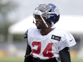 FILE- In this Aug. 2, 2018, file photo, New York Giants cornerback Eli Apple works out during NFL football training camp in East Rutherford, N.J. The Giants traded Apple to the New Orleans Saints on Tuesday, Oct. 23. 2018.