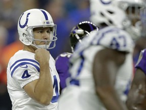 FILE -In this Aug. 20, 2018, file photo, Indianapolis Colts kicker Adam Vinatieri (4) reacts after kicking a field goal in the first half of an NFL preseason football game against the Baltimore Ravens in Indianapolis. Vinatieri has fond memories of New England, having won three Super Bowl rings and earned a reputation as the league's best clutch kicker there. And he could be making his final trip to Foxborough on Thursday night.