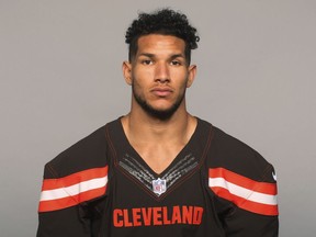 FILE - This 2018 file photo, shows Derrick Willies of the Cleveland Browns. Willies broke his collarbone in practice on Friday, OCt. 12, 2018, and will likely miss several weeks. (AP Photo/File)