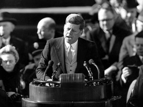 FILE - In this Jan. 20, 1961 file photo, President John F. Kennedy delivers his inaugural address after taking the oath of office on Capitol Hill in Washington. The JFK Library Foundation has launched a new podcast designed to help bring stories of President John F. Kennedy and his life to new audiences. The podcast, called JFK35, because Kennedy was the nation's 35th president, features library curators, educators, archivists and other guests digging into the materials at the John F. Kennedy Presidential Library and Museum in Boston.