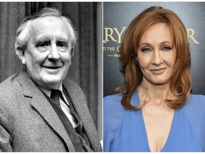 This combination photo shows J.R.R. Tolkien, author of "The Lord of the Rings," series in 1967, left, and J. K. Rowling, author of the "Harry Potter" series at  the "Harry Potter and the Cursed Child" Broadway opening in New York on April 22, 2018. The effort to discover America's best-loved novel - and promote reading - will end with the winner announced on Tuesday's finale of PBS' "The Great American Read." The series profiled the contenders and let bookworms, famous and not, advocate for their pick. (AP Photo)