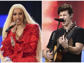 This combination photo shows Hip-hop recording artist Cardi B, left, and Shawn Mendes performing at the 2018 Global Citizen Festival in Central Park on Sept. 29, 2018, in New York.  Cardi B, Shawn Mendes and Calvin Harris are set to perform on the iHeartRadio Jingle Ball Tour later this year. IHeartMedia announced Tuesday that the 12-city tour kicks off Nov. 27 in Dallas.