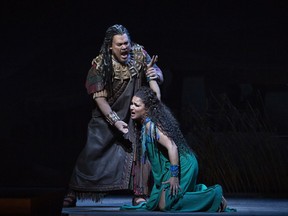 This image released by The Metropolitan Opera shows Quinn Kelsey and Anna Netrebko during a performance of "Aida," conducted by Nicola Luisotti, in New York.