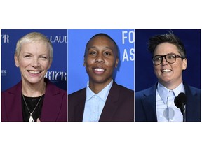 This combination photo shows Annie Lennox at Porter's 3rd Annual Incredible Women Gala in Los Angeles on Oct. 9, 2018, left, Lena Waithe  at the Hollywood Foreign Press Association Grants Banquet in Beverly Hills on Aug. 9, 2018, center, and Hannah Gadsby at the 70th Primetime Emmy Awards in Los Angeles on Sept. 17, 2018. The three are headlining a movie academy lunch celebrating a new initiative to advance the careers of female filmmakers. (Photo by Chris Pizzello/Invision/AP)