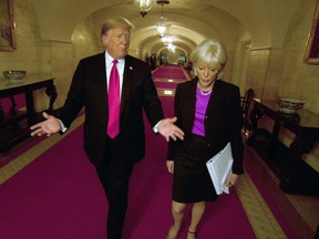 This image taken from video provided by CBS shows President Donald Trump, left, with Lesley Stahl during the taping of an interview for "60 Minutes" that aired on Sunday, Oct. 14.  President Trump reached 11.7 million viewers for his "60 Minutes" interview on Sunday or just over half the audience that Stormy Daniels had on the CBS newsmagazine last spring.(CBS via AP)