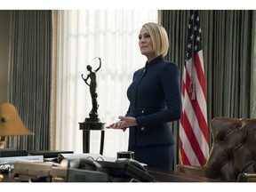This image released by Netflix shows Robin Wright in a scene from the final season of "House Of Cards."