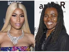 This combination photo shows Nicki Minaj at the Harper's BAZAAR 'Icons by Carine Roitfeld' party in New York on Sept. 8, 2017, left, and Tracy Chapman at a benefit event on behalf of amfAR (American Foundation for AIDS Research) in New York on Jan. 31, 2007. Minaj is being sued for sampling a Chapman song without permission. Chapman filed a copyright infringement lawsuit Monday, Oct. 22, 2018, in a Los Angeles federal court. The Grammy-winning singer says Minaj's unreleased track "Sorry" incorporated the lyrics and vocal melody from her 1988 single "Baby Can I Hold You." (AP Photo)