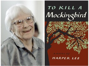 This combination photo shows author Harper Lee during a ceremony honoring the four new members of the Alabama Academy of Honor at the Capitol in Montgomery, Ala. on Aug. 20, 2007, left, and the cover of her Pulitzer Prize-winning novel, "To Kill a Mockingbird."  The book was voted No. 1 in PBS' "Great American Read" survey to determine America's best-loved novel.  (AP Photo, left, and Harper via AP)