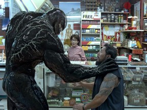 This image released by Sony Pictures shows a scene from "Venom." (Sony Pictures via AP)