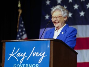 FILE - In this June 5, 2018, file photo, Alabama Gov. Kay Ivey speaks to supporters at her watch party after winning the Republican nomination for governor at a hotel in Montgomery, Ala. The health of the 74-year-old Republican governor has become a periodic issue in the state's gubernatorial race.