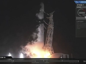 In this image made from video provided by SpaceX, a SpaceX Falcon 9 rocket carrying an Argentinian satellite blasts off from the Vandenberg Air Force Base launch site, about 130 miles (209 kilometers) northwest of Los Angeles on Sunday, Oct. 7, 2018. The primary purpose of the mission was to place the SAOCOM 1A satellite into orbit, but SpaceX also wanted to expand its recovery of first stages to its launch site at the Air Force base (SpaceX via AP)