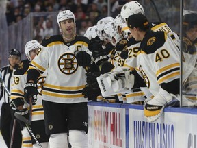Boston Bruins defenseman Zdeno Chara (33) celebrates his goal during the first period of the team's NHL hockey game against the Buffalo Sabres, Thursday, Oct. 4, 2018, in Buffalo N.Y.