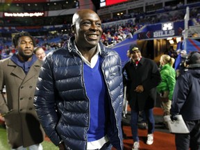 Former Bills running back Thurman Thomas walks on the field prior to an NFL football game between the Buffalo Bills and the New England Patriots, Monday, Oct. 29, 2018, in Orchard Park, N.Y. The Bills will retire the his umber during a halftime presentation.