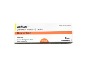 This undated product image provided by Genentech shows a box for Xofluza, a pill for shortening the duration and easing symptoms of the flu. U.S. health regulators have approved the first new type of flu drug in two decades. The approval on Wednesday, Oct. 24, 2018, of Roche's Xofluza comes ahead of this winter's flu season. (Genentech via AP)