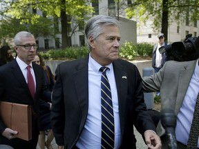 FILE - In this May 12, 2016 file photo, former New York state Senate leader Dean Skelos leaves court in New York. Skelos was sentenced to four years and three months in prison Wednesday, Oct. 24, 2018, after his conviction on public corruption charges. U.S. District Judge Kimba M. Wood announced the penalty for the longtime Republican powerbroker, citing his health challenges at age 70 as reason to reduce his sentence from the five years she gave him at a previous sentencing.