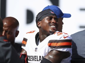 FILE - In this Sept. 30, 2018 file photo Cleveland Browns cornerback Terrance Mitchell (39) is taken off the field on cart against the Oakland Raiders during an NFL football game in Oakland, Calif. The Browns placed Mitchell on injured reserve with a broken right wrist. He got hurt in the second quarter of Sunday's 45-42 loss at Oakland. He underwent surgery on Monday, Oct. 1, 2018, when coach Hue Jackson said he did not think his injury was season-ending.